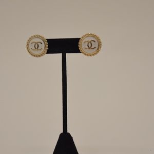 White Chanel Button Earrings